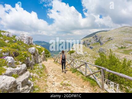 Cima del Redentore (Latina, Italy) - The panoramic peak with religious statue in Aurunci mountains, over Formia city and Tirreno sea, Petrella mount Stock Photo