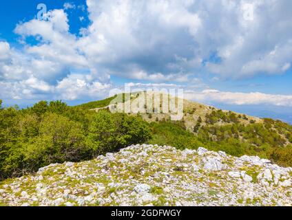 Cima del Redentore (Latina, Italy) - The panoramic peak with religious statue in Aurunci mountains, over Formia city and Tirreno sea, Petrella mount Stock Photo