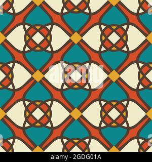 Seamless vector pattern with decorative Moroccan mosaic on orange background. Ethnic gird texture wallpaper design. Bright floor tile fashion textile. Stock Vector