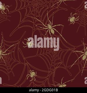 Seamless vector pattern with spiders and spiderweb on dark red background. Insect animal wallpaper design crawling creepy tarantula. Stock Vector