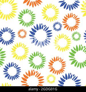 Seamless vector pattern with colourful abstract flowers on white background. Simple wallpaper design. Summer gentle floral fabric. Stock Vector