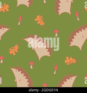 Seamless vector pattern with hedgehogs and mushrooms  on green background. Simple autumn wallpaper design. Decorative animal fashion textile. Stock Vector