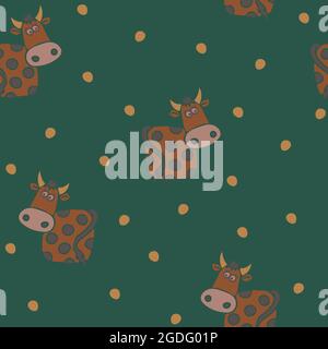 Seamless vector pattern with brown cows on green background. Hand drawn animal wallpaper. Childish design. Stock Vector