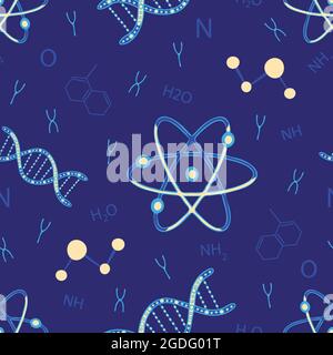 Seamless vector pattern with DNA and atoms on purple background. Fun chemistry wallpaper design for children. Decorative science fashion textile. Stock Vector