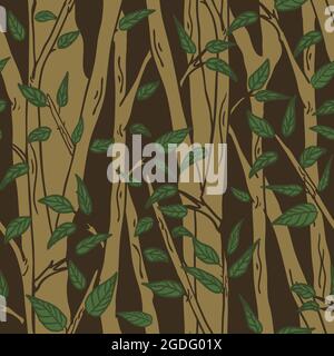 Seamless vector pattern with trees on brown background. Simple forest wallpaper design. Tree silhouette fashion textile. Stock Vector