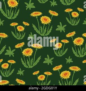 Seamless vector pattern with dandelions on green background. Simple floral wallpaper design. Flower meadow fashion textile. Stock Vector
