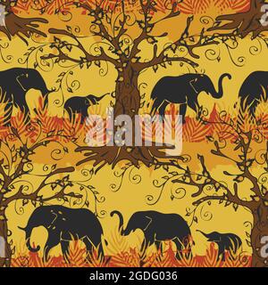 Seamless vector pattern with elephant silhouettes on yellow background. Beautiful African wallpaper design. Savannah animal fashion textile. Stock Vector