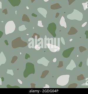 Seamless vector pattern with terrazzo texture on green background. Simple stone mosaic grid wallpaper design. Decorative fashion textile. Stock Vector