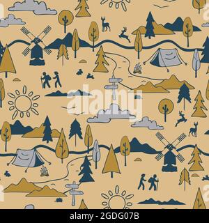 Seamless vector pattern with hiking landscape on yellow background. Happy camping wallpaper design. Decorative summer lifestyle fashion textile. Stock Vector