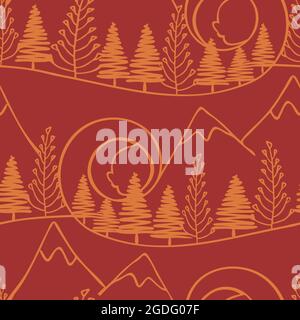 Seamless vector pattern with line art forest on red background. Simple wallpaper design with mountains. Artistic landscape fashion textile. Stock Vector