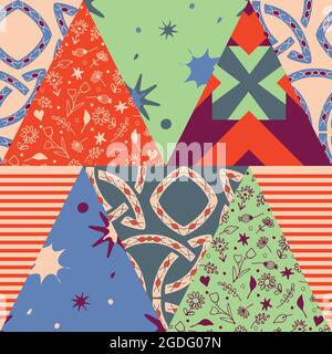 Seamless vector pattern with colourful textured tingles. Funky granny patchwork wallpaper design. Simple gypsy decorative background. Stock Vector