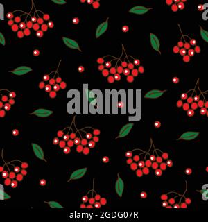 Seamless vector pattern with red berries on black background. Simple rowan berry wallpaper design. Ideal for fashion, fabric, home decoration. Stock Vector