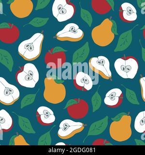 Seamless vector pattern with apples and pears on turquoise green background. Simple kitchen wallpaper design with fruits on teal. Stock Vector