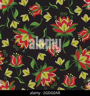 Seamless vector pattern with red flowers on black background. Embroidery floral vintage wallpaper design. Beautiful romantic lily fashion textile. Stock Vector