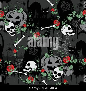 Seamless vector pattern with red roses in Halloween graveyard. Gothic wallpaper design with pumpkins and cat on grey background. Scary holiday. Stock Vector