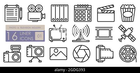 Photo and TV industry. Equipment for professional photography and filming. Television, camcorder, camera, roll of film. Set of simple linear icons Stock Vector