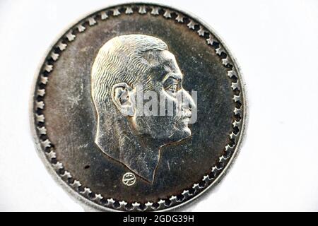 the obverse side of an old Egyptian silver coin 1LE one pound 1970, Subject President Nasser, commemorative coin for president Gamal Abdel Nasser Stock Photo