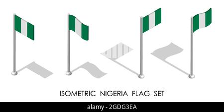 isometric flag of NIGERIA in static position and in motion on flagpole. 3d vector Stock Vector