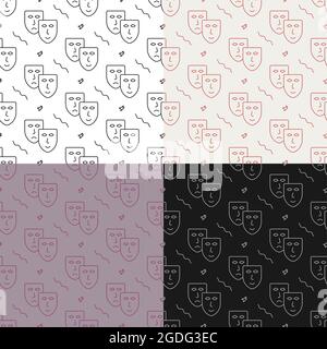 set of seamless patterns with comedy and tragic theatrical masks together. Theatrical premieres, circus poster. Ornament for decoration and printing o Stock Vector