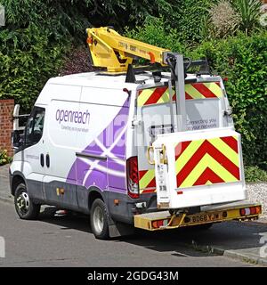 Back & side view van mounted cherry picker vehicle operated by Openreach a division of telephone business BT plc folded see image 2G9MAJ4 England UK Stock Photo