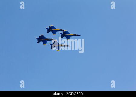 The United States Navy's Blue Angels flight demonstration squadron practices for the Owensboro Air Show on Thursday, August 12, 2021 in Owensboro, Daviess County, KY, USA. More than 30,000 people typically attend the annual three-day event, which had to be canceled in 2020 due to the COVID-19 pandemic. (Apex MediaWire Photo by Billy Suratt) Stock Photo