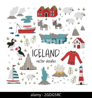 Lovely hand drawn Iceland design, doodle animals, houses, mountains - great for banners, wallpapers, prints, cards - vector design Stock Vector