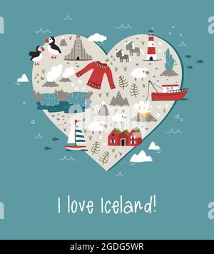 Lovely hand drawn Iceland design, doodle animals, houses, mountains - great for banners, wallpapers, prints, cards - vector design Stock Vector