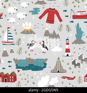 Lovely hand drawn Iceland seamless pattern, doodle animals, houses, mountains - great for textiles, wrapping, banners, wallpapers, prints, cards - vec Stock Vector