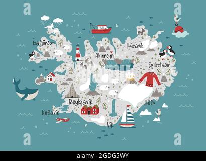 Lovely hand drawn Iceland design, doodle animals, houses, mountains - great for banners, wallpapers, prints, cards - vector design Stock Vector