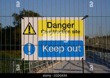 keep out warning sign at construction rebuilding off hagg bridge near Melbourne Yorkshire United Kingdom Stock Photo