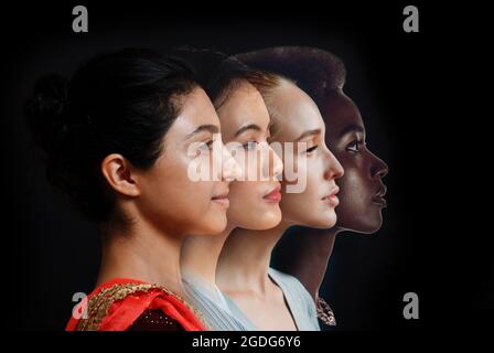 Caucasian woman, african american woman and indian women portrait. Nation equality. Multiple different races female people friendship concept. Stock Photo