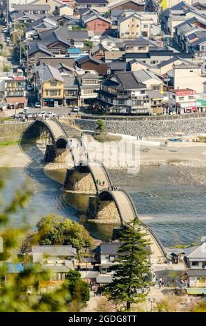 Kintai Bridge, one of the oldest in Japan, seen from Iwakuni Castle Stock Photo