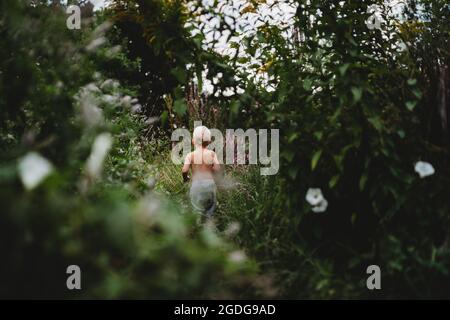 Back view of blonde child walking on hiking trail among green plants Stock Photo