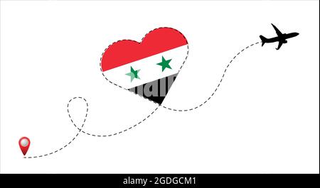 Airplane flight route with Syrian Arab Republic flag inside the heart. Travel to your favorite country. Vector flat illustration. Stock Vector