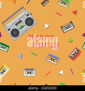 Seamless audio cassette tape and radio pattern. 1980s retro musical equipment technology background. Vector and illustration design. Stock Vector