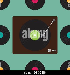 Seamless vinyl player and record pattern. Retro musical equipment technology background. Vector and illustration design. Stock Vector
