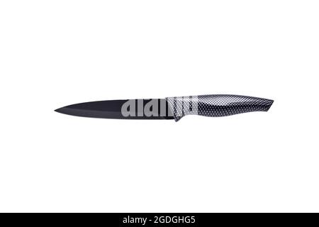 High-quality stainless steel universal knife with black non-stick antibacterial coating, isolated on white with clipping path. Ideal for professional Stock Photo