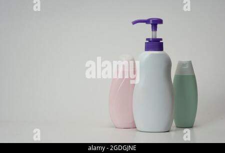 Set of hand soap bottles on a white background. Stock Photo