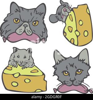Vector illustration set with pets faces with food in their mouthes. Cats are holding sausages, mice with cheese. Stock Vector