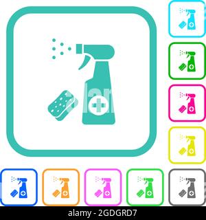 Disinfection spray and sponge vivid colored flat icons in curved borders on white background Stock Vector