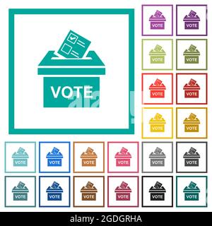 Voting paper and ballot box solid flat color icons with quadrant frames on white background Stock Vector