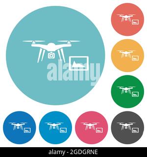 Drone controlling from tablet flat white icons on round color backgrounds Stock Vector