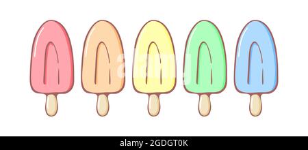 Set of pastel rainbow ice cream icons vector illustration. Kids collection of sunblind and popsicle in pastel colors isolated on white Stock Vector