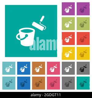 Paint bucket and paint roller multi colored flat icons on plain square backgrounds. Included white and darker icon variations for hover or active effe Stock Vector
