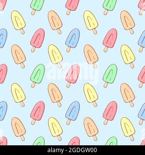 Pastel rainbow ice cream seamless pattern vector illustration. Kids background of sunblind and popsicle in pastel colors isolated on blue Stock Vector