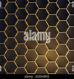 Dark realistic 3d texture of hexagon or honeycom, golden structure on black backdrop, modern background Stock Vector