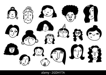 Doodle girls face set. Hand-drawn outline people isolated on white background. Human Avatar Collection. Cartoon young, old women. Female portraits. Di Stock Vector