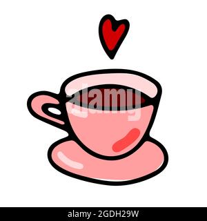 Doodle coffee cup. Cute hot beverage isolated on white background. Outline  tea, latte, cappuccino, americano mug with heart steam, saucer. Vector illu  Stock Vector Image & Art - Alamy