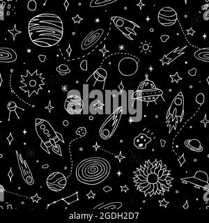 Seamless vector space doodle pattern. Planets, rocket, stars, comets, ufo, asteroid, constellations on black background. Outline astronomical objects Stock Vector