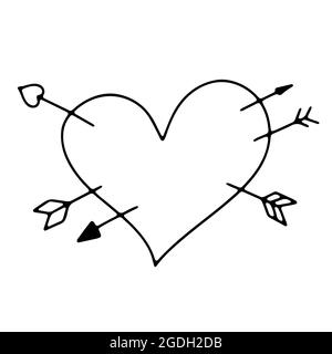 Doodle Valentines Day heart. Hand drawn outline love symbol isolated on white background. Cute greeting card Heart pierced by arrows. February 14, wed Stock Vector